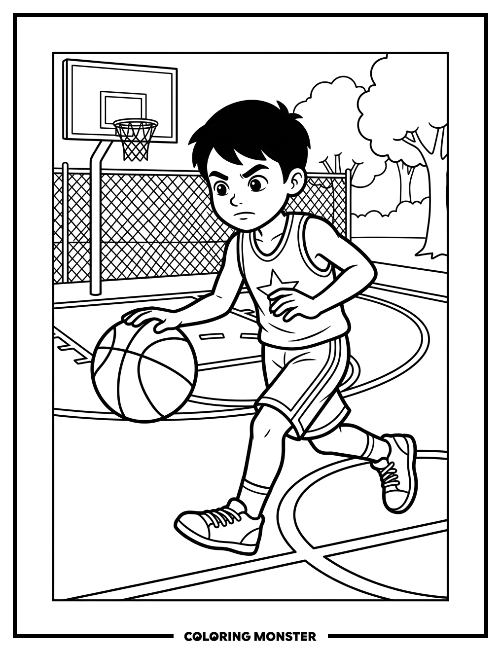 Boy Dribbling Basketball on Court Coloring Page