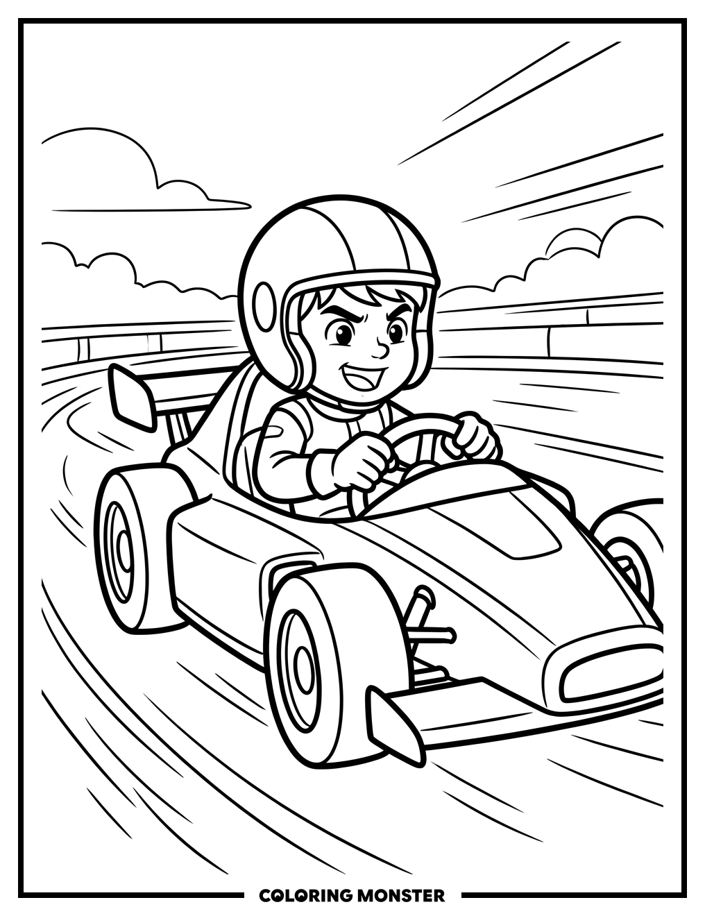 Boy Driving a Race Car Coloring Page