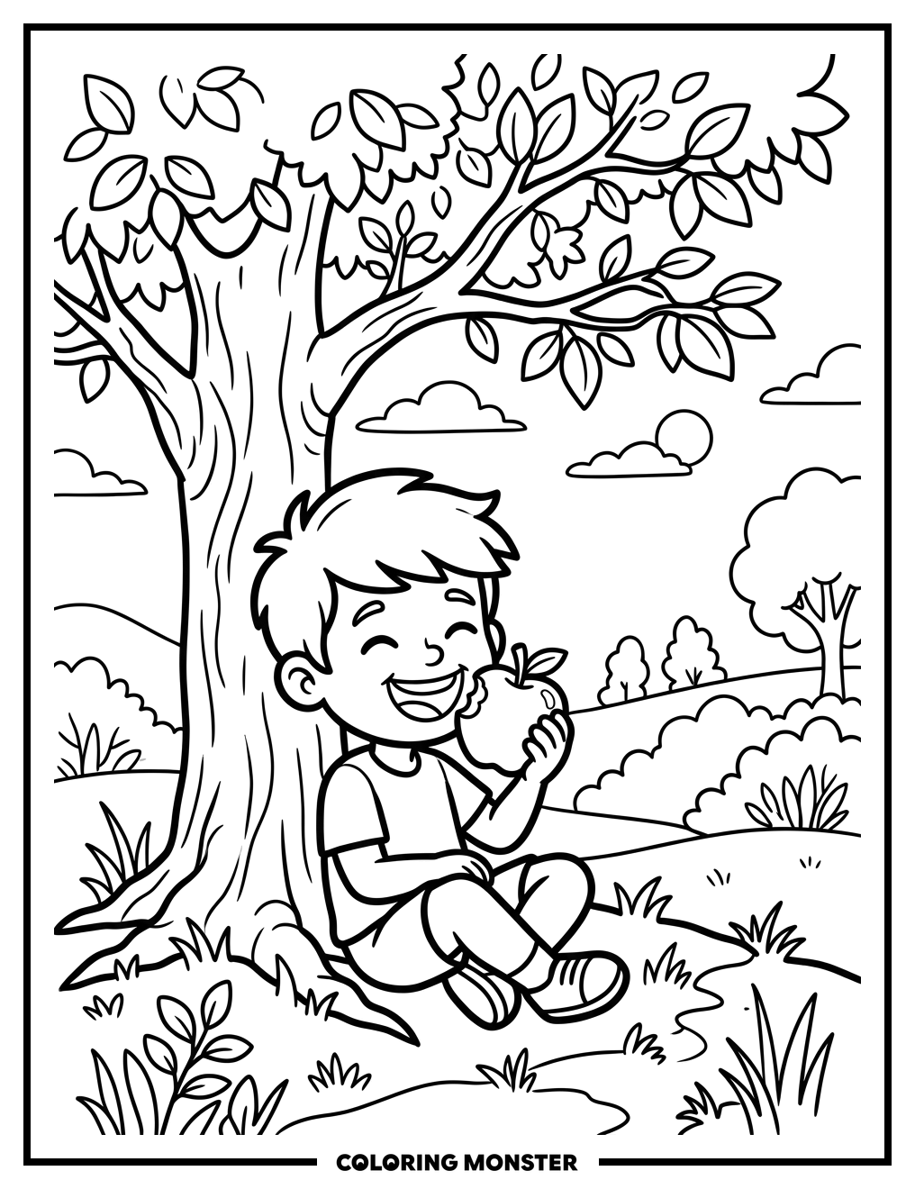 Boy Eating an Apple Under a Tree Coloring Page