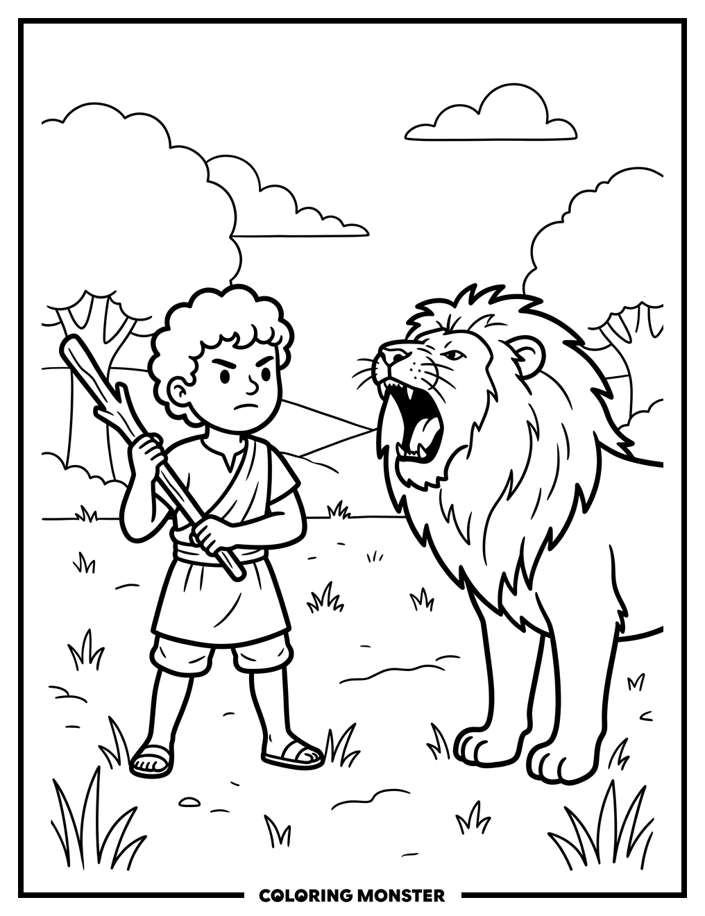 Boy Facing a Lion Coloring Page