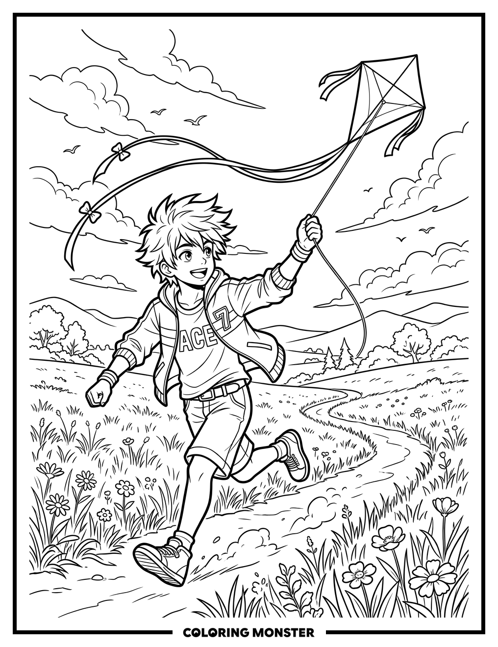 Boy Flying a Kite Coloring Page