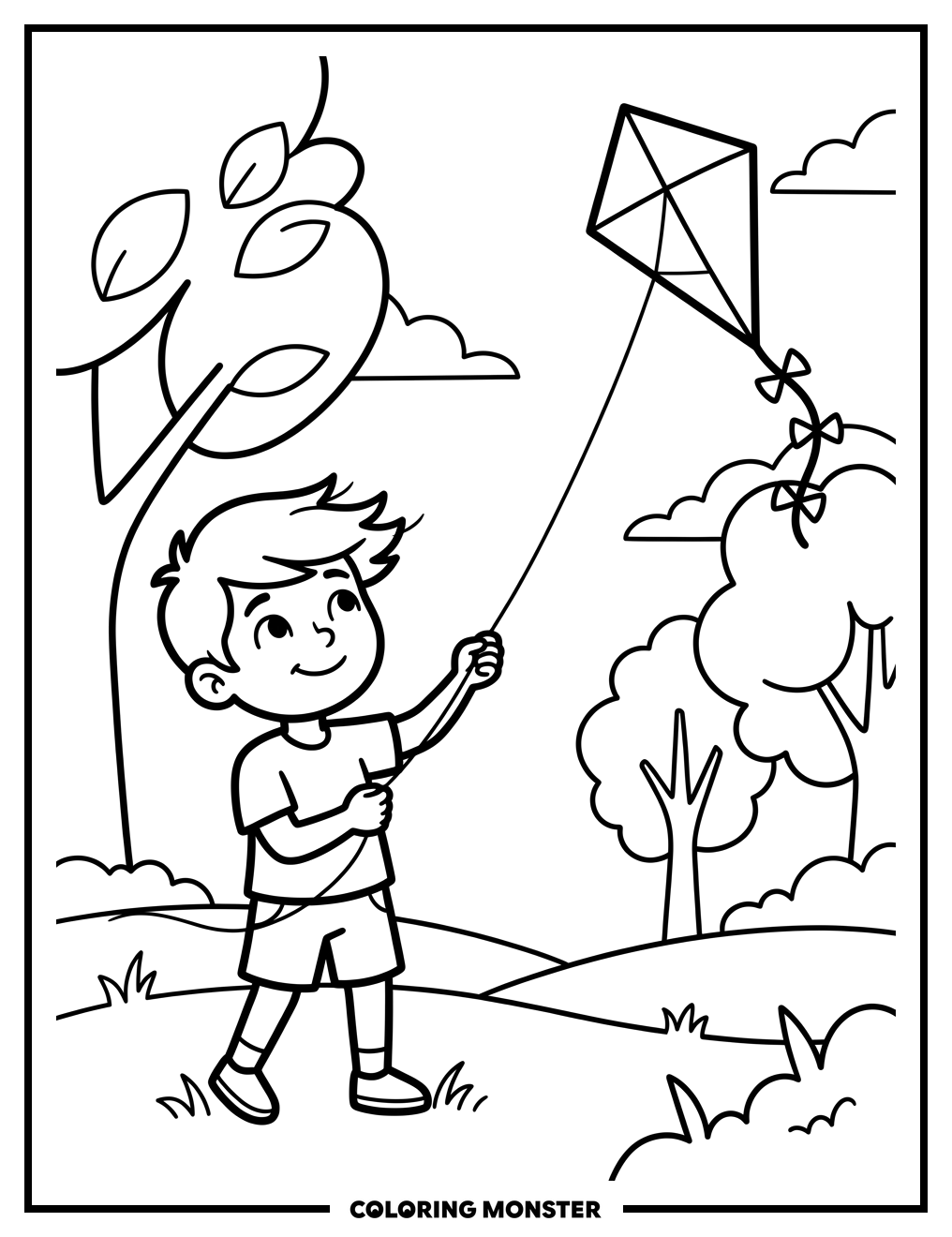 Boy Flying Kite in Park Coloring Page