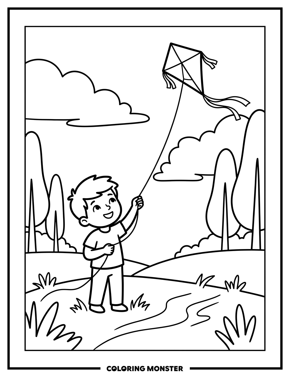 Boy Flying Kite In Park Coloring Page