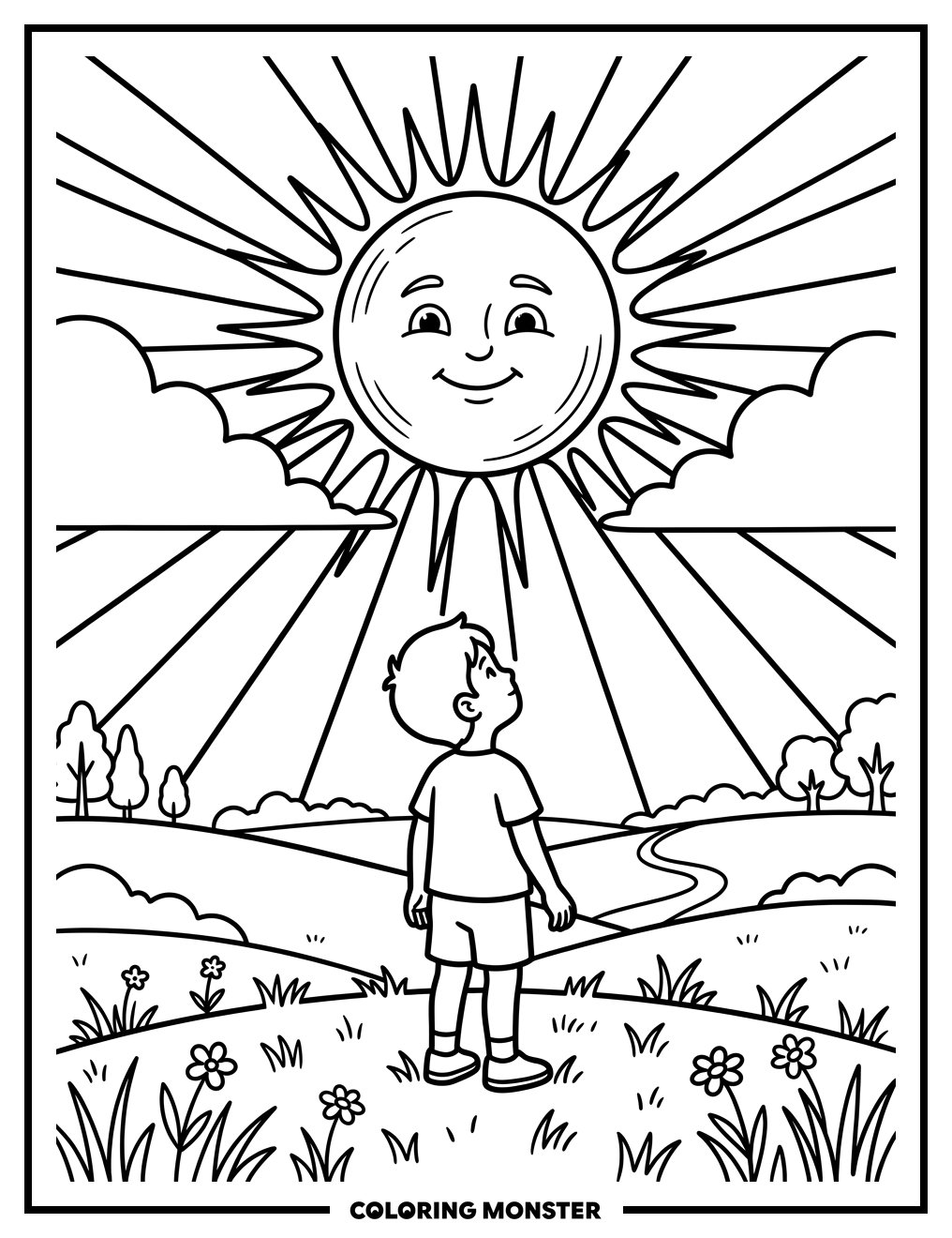Boy Gazing at the Radiant Sun Coloring Page