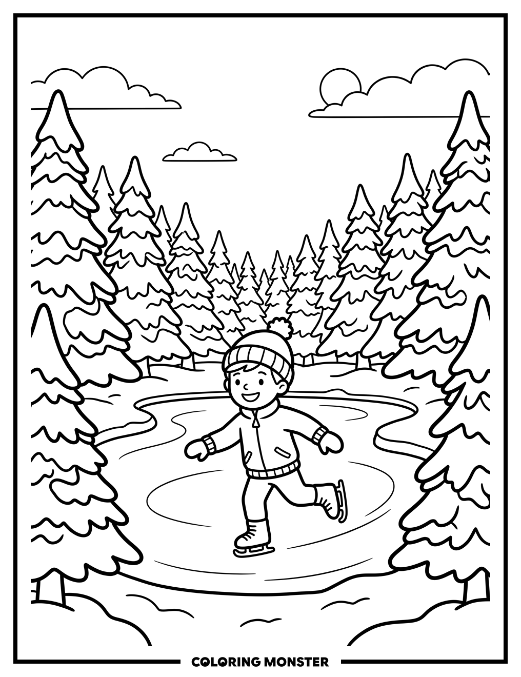 Boy Ice Skating on Winter Pond Coloring Page