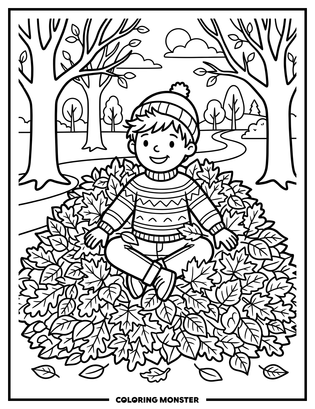 Boy in Autumn Leaves Coloring Page