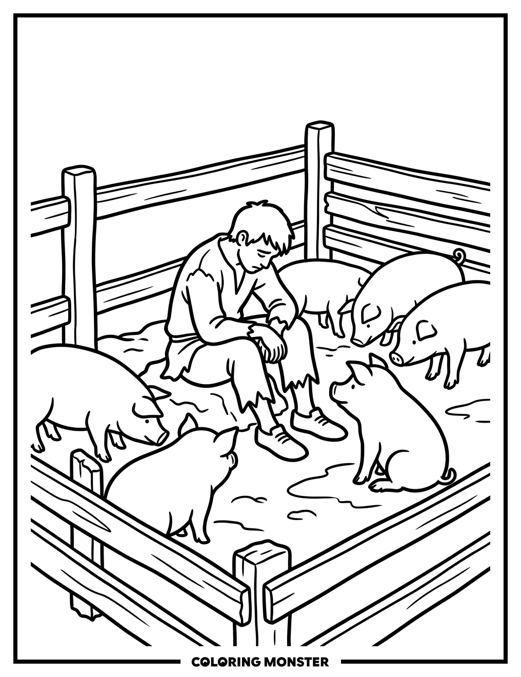 Boy in Pig Pen Coloring Page