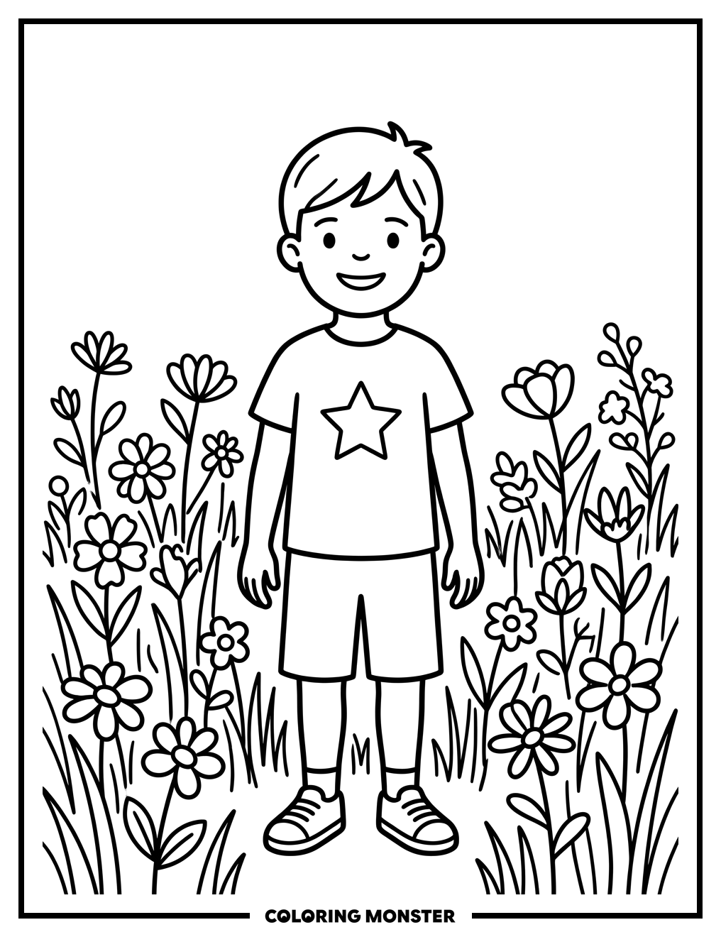 Boy in Wildflower Meadow Coloring Page
