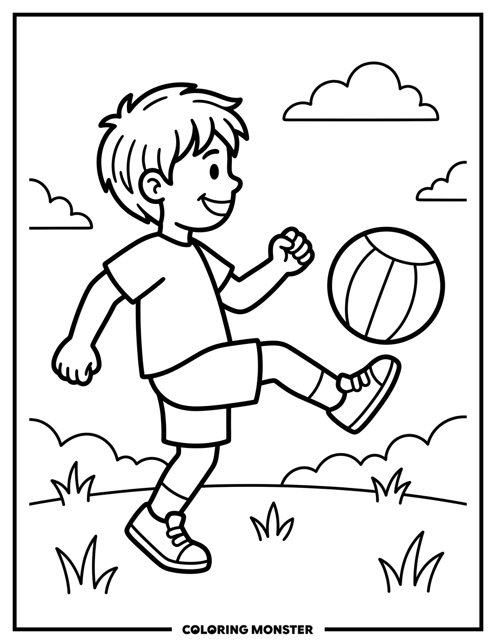 Boy Kicking a Ball on Grassy Field Coloring Page