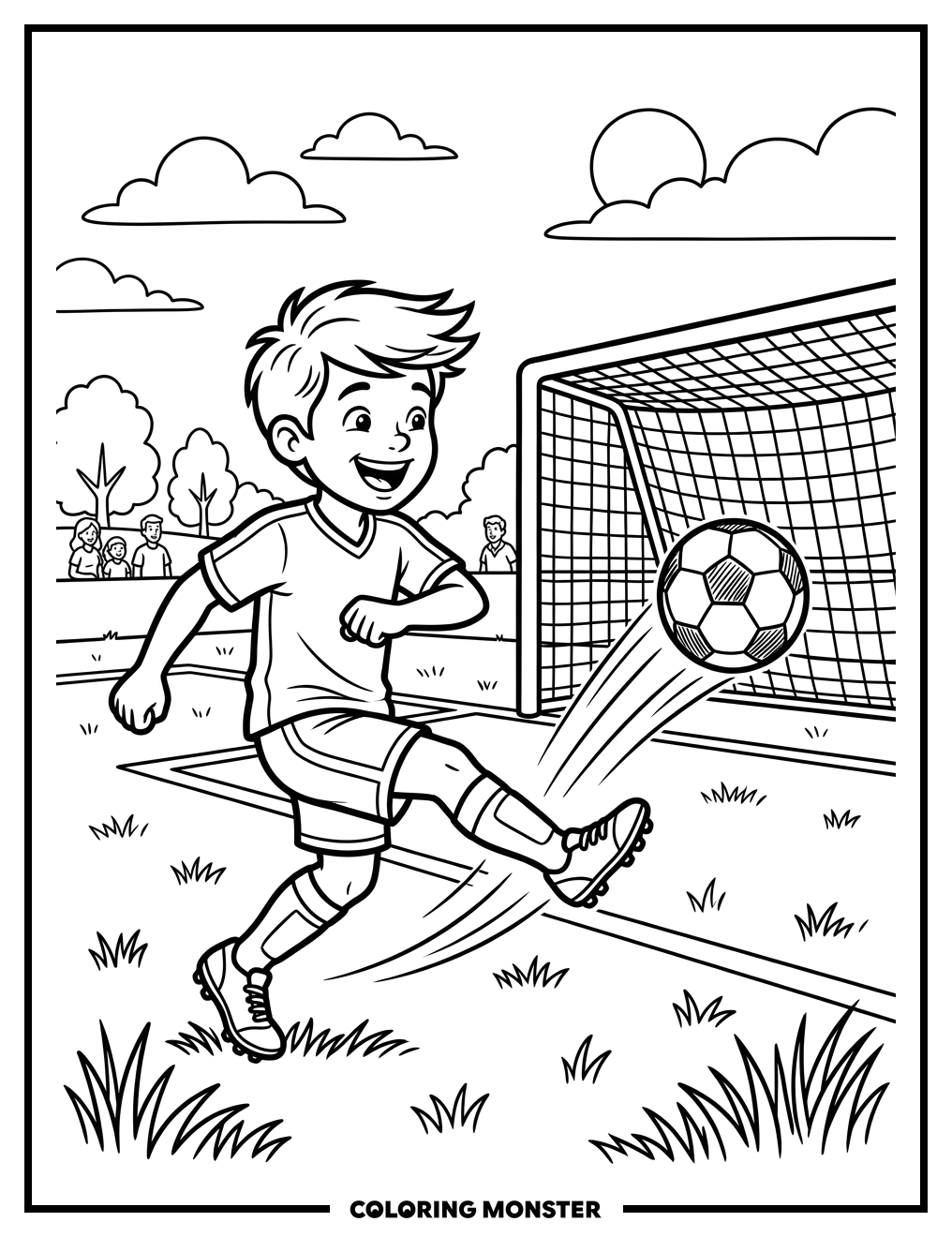 Boy Kicking Soccer Ball Towards Goal Coloring Page