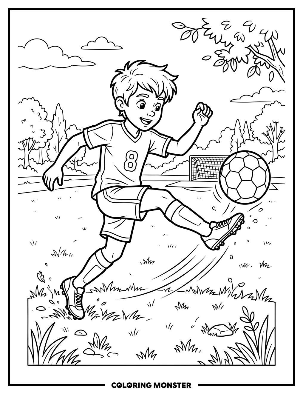 Boy Kicks Soccer Ball On Field Coloring Page
