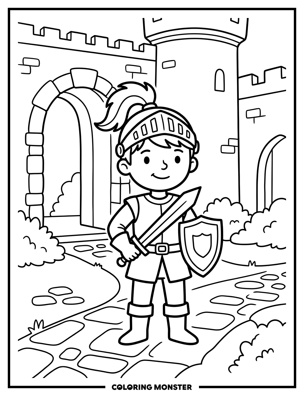Boy Knight in Castle Courtyard Coloring Page