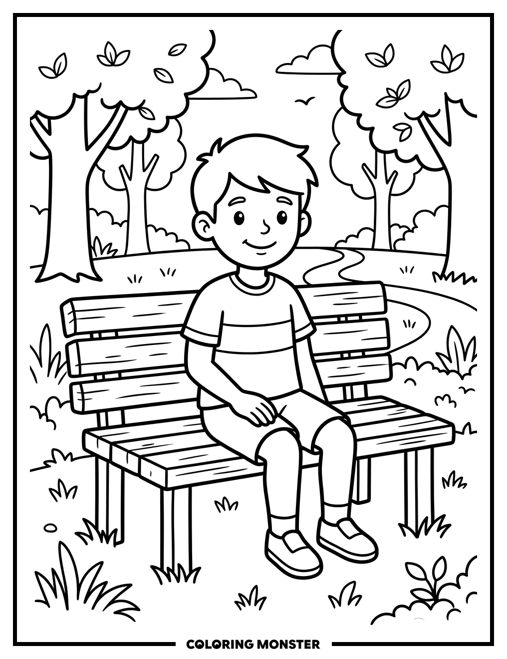 Boy on a Park Bench Coloring Page