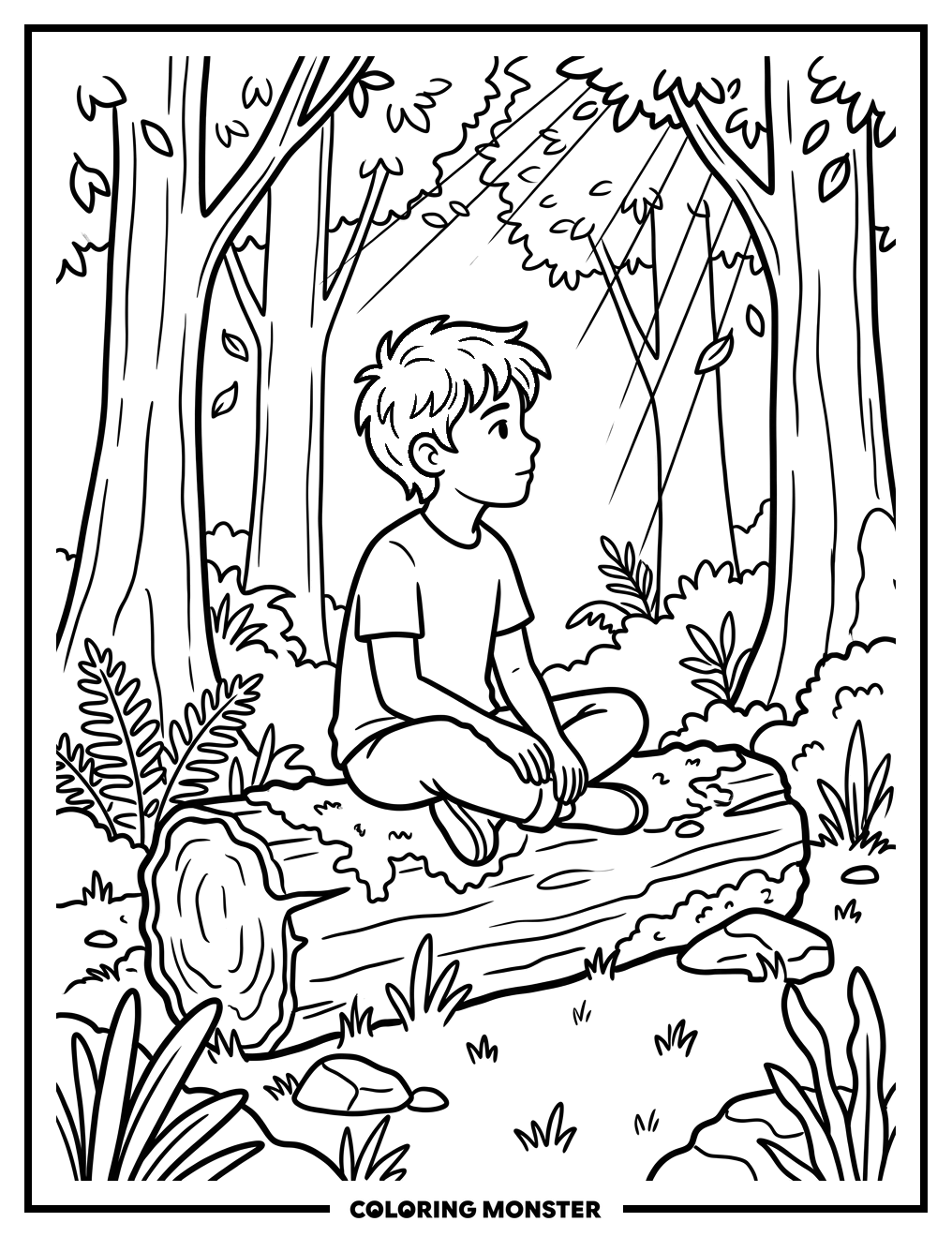Boy on Log in Forest Clearing Coloring Page