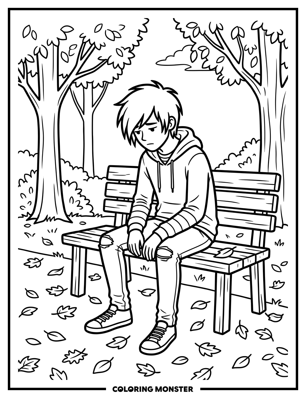 Boy on Park Bench Coloring Page