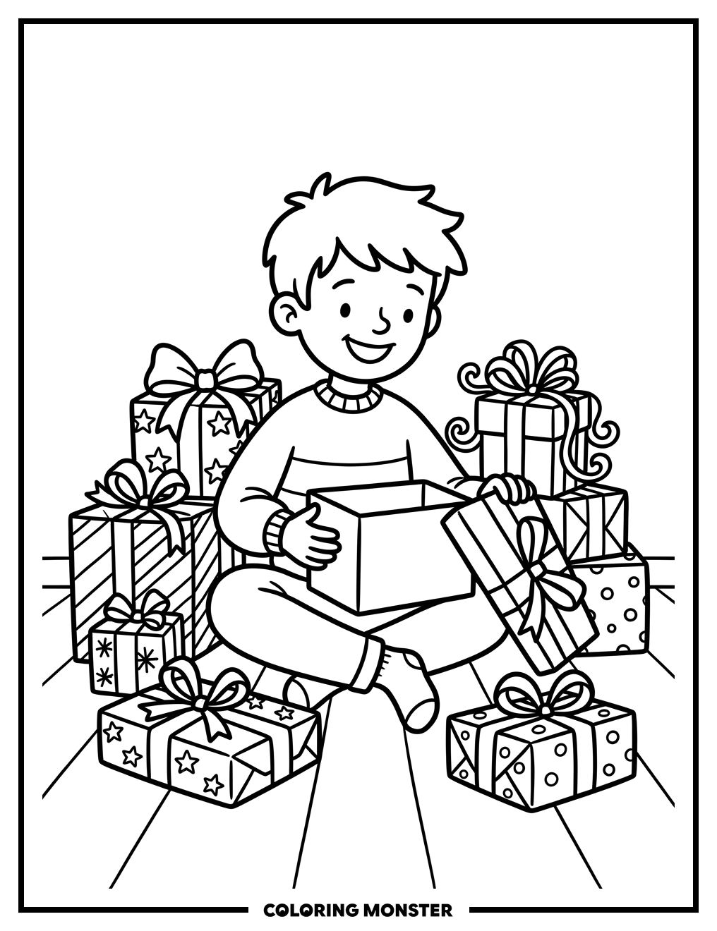 Boy Opening Christmas Presents Coloring Page