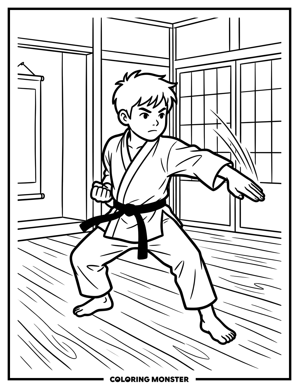 Boy Performing Karate Chop Coloring Page