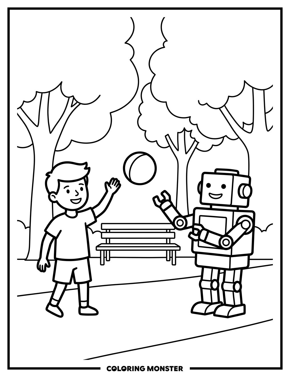 Boy Playing Catch With Robot Coloring Page