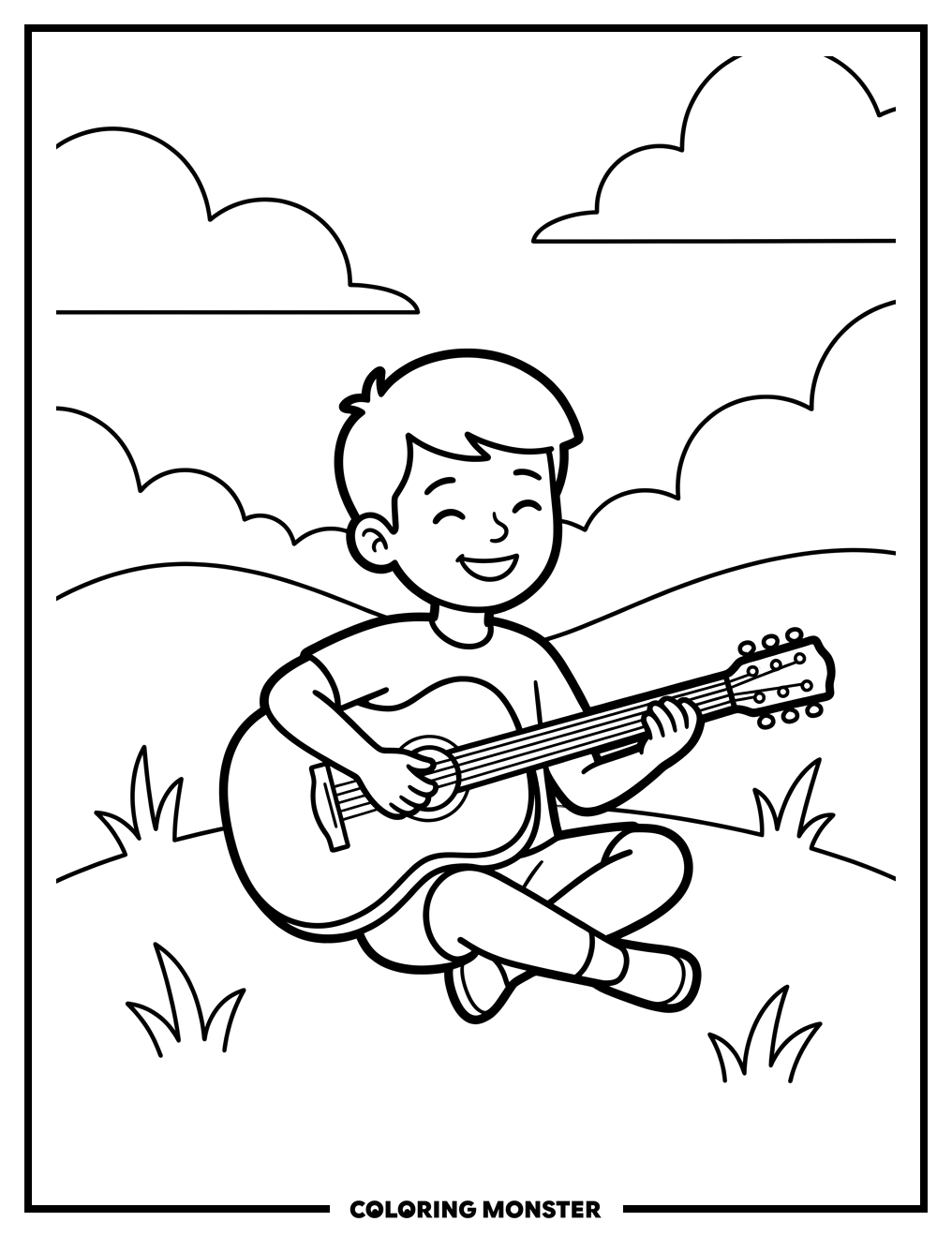 Boy Playing Guitar on a Hill Coloring Page
