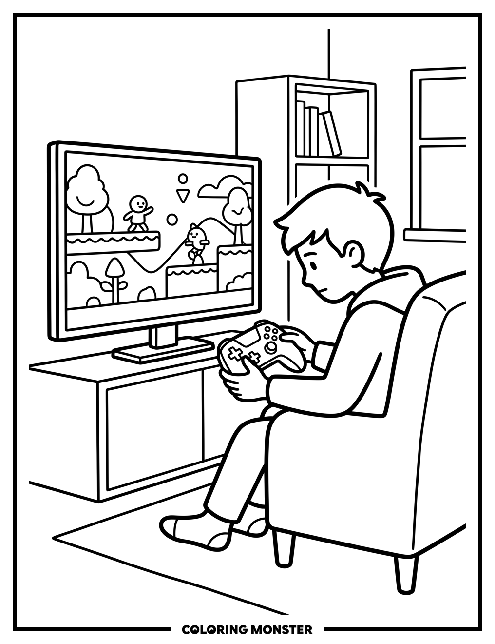 Boy Playing Video Game Coloring Page