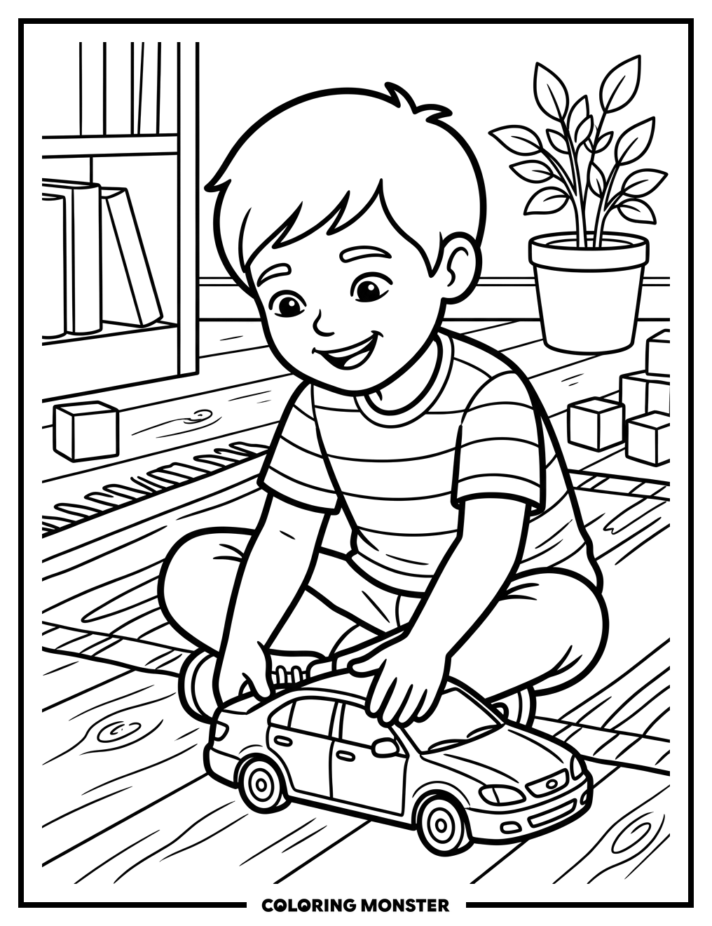 Boy Playing With Red Toy Car Coloring Page