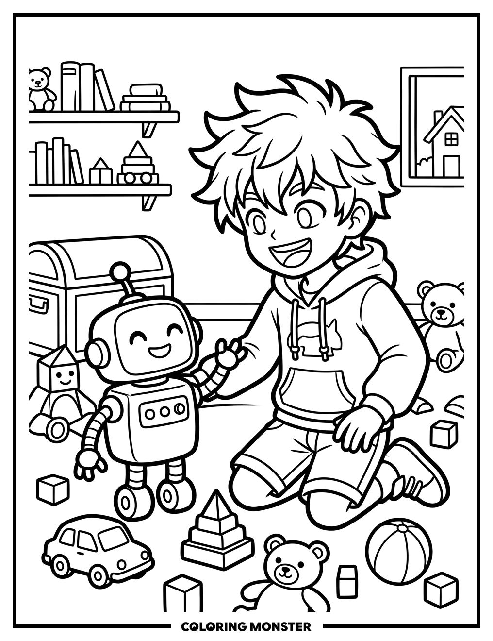 Boy Playing With Robot Coloring Page