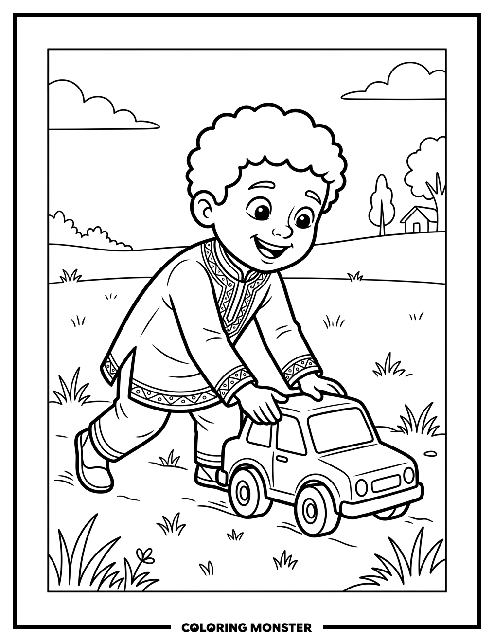 Boy Playing With Toy Car Coloring Page