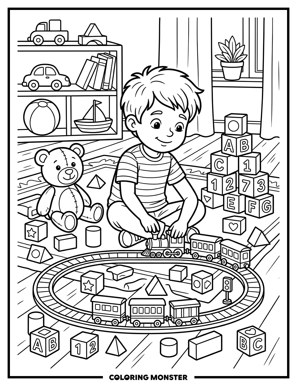 Boy Playing With Toy Train Coloring Page