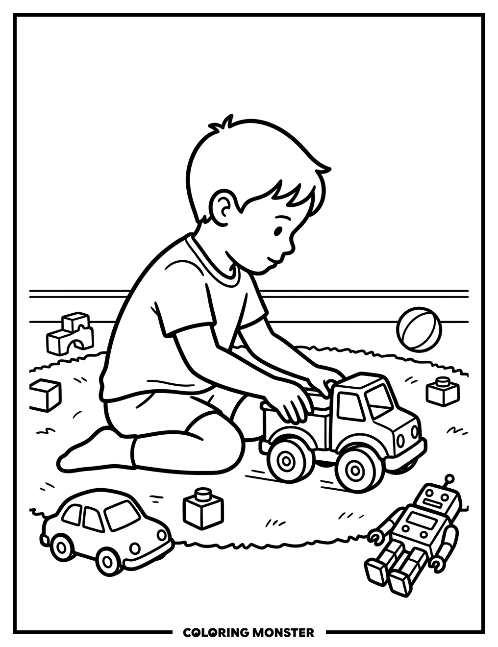 Boy Playing With Toy Truck Coloring Page