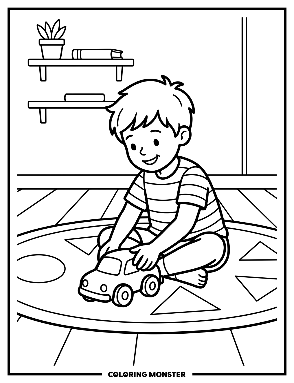 Boy Plays With Toy Car Coloring Page