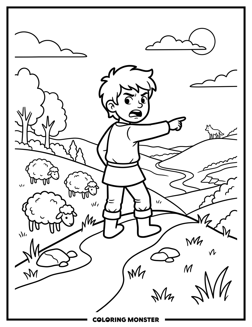 Boy Points to Distant Wolf Coloring Page