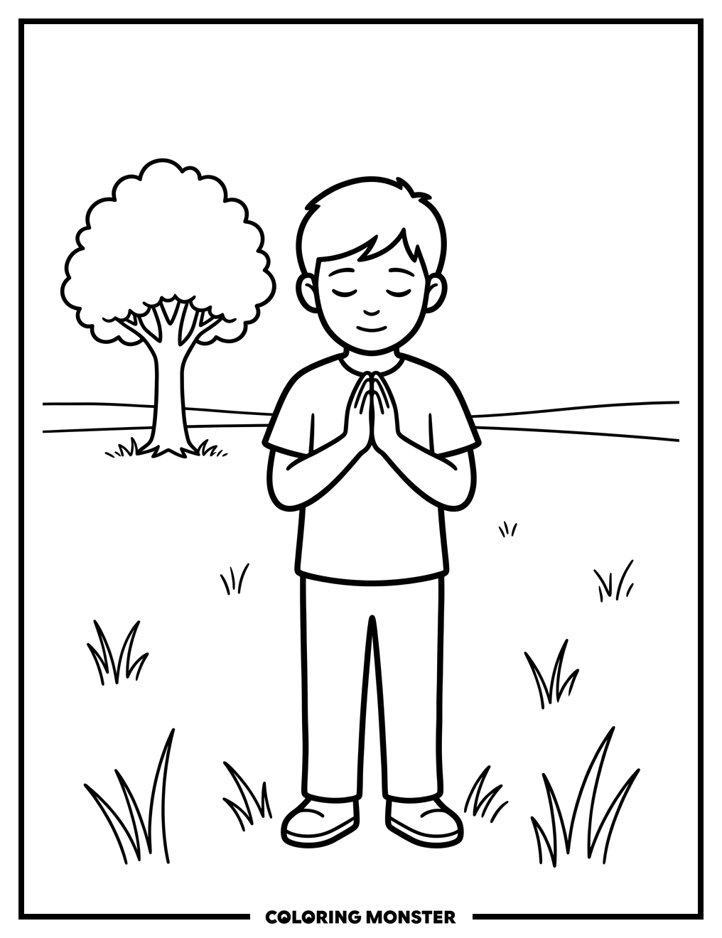 Boy Praying in a Field Coloring Page