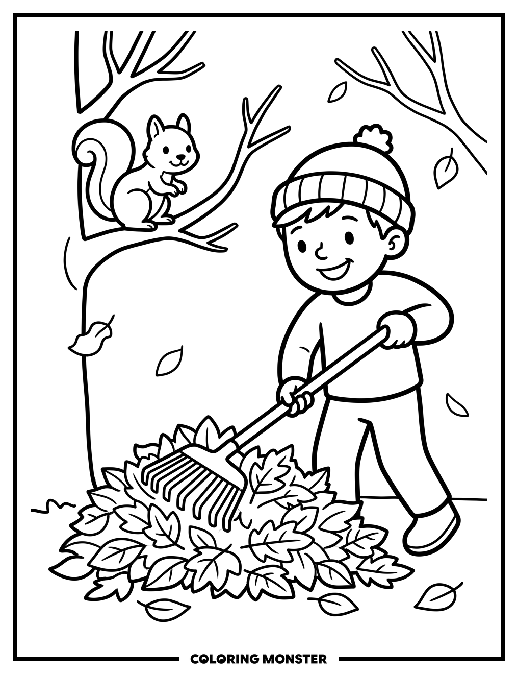 Boy Raking Autumn Leaves With Squirrel Coloring Page