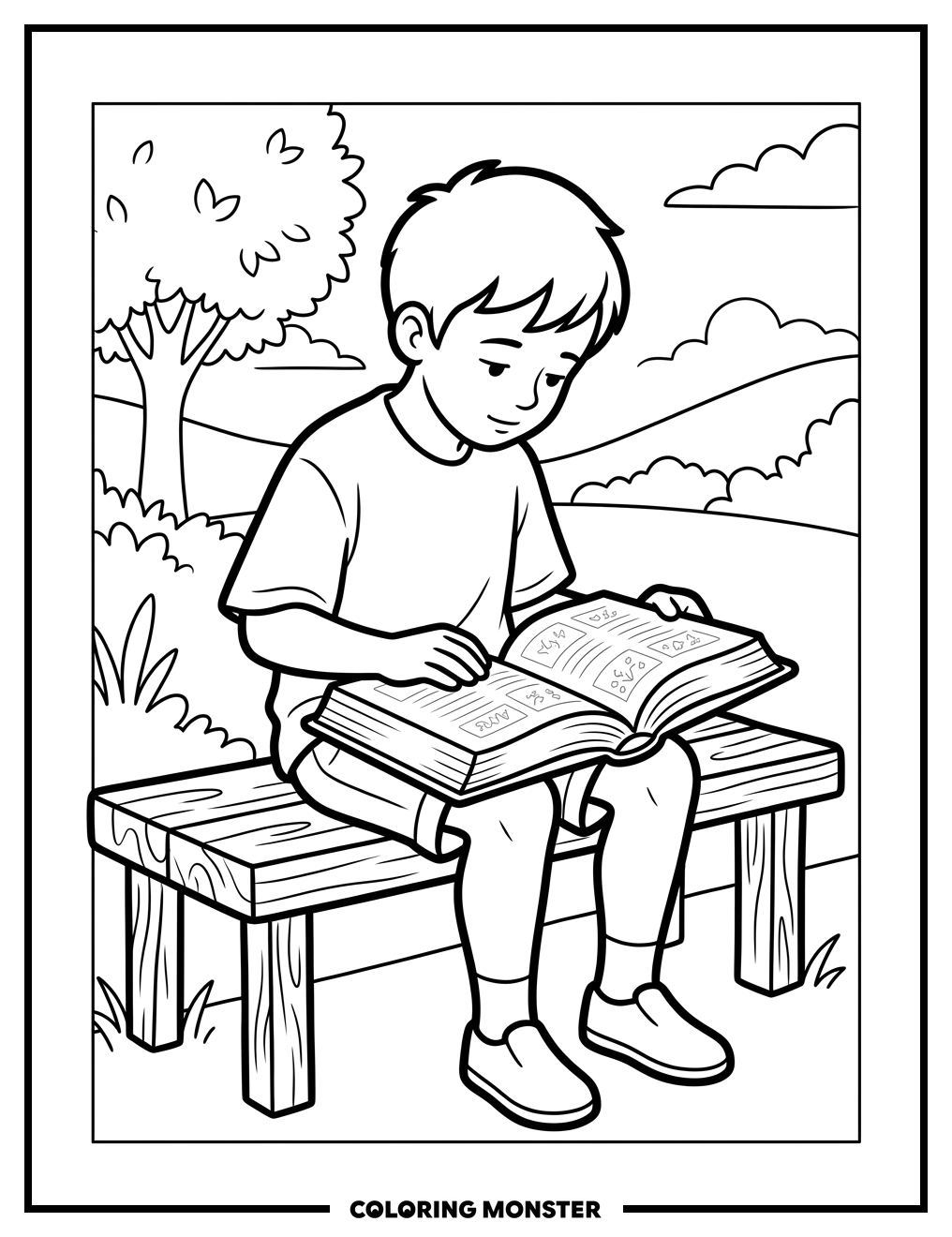 Boy Reading a Large Book Coloring Page