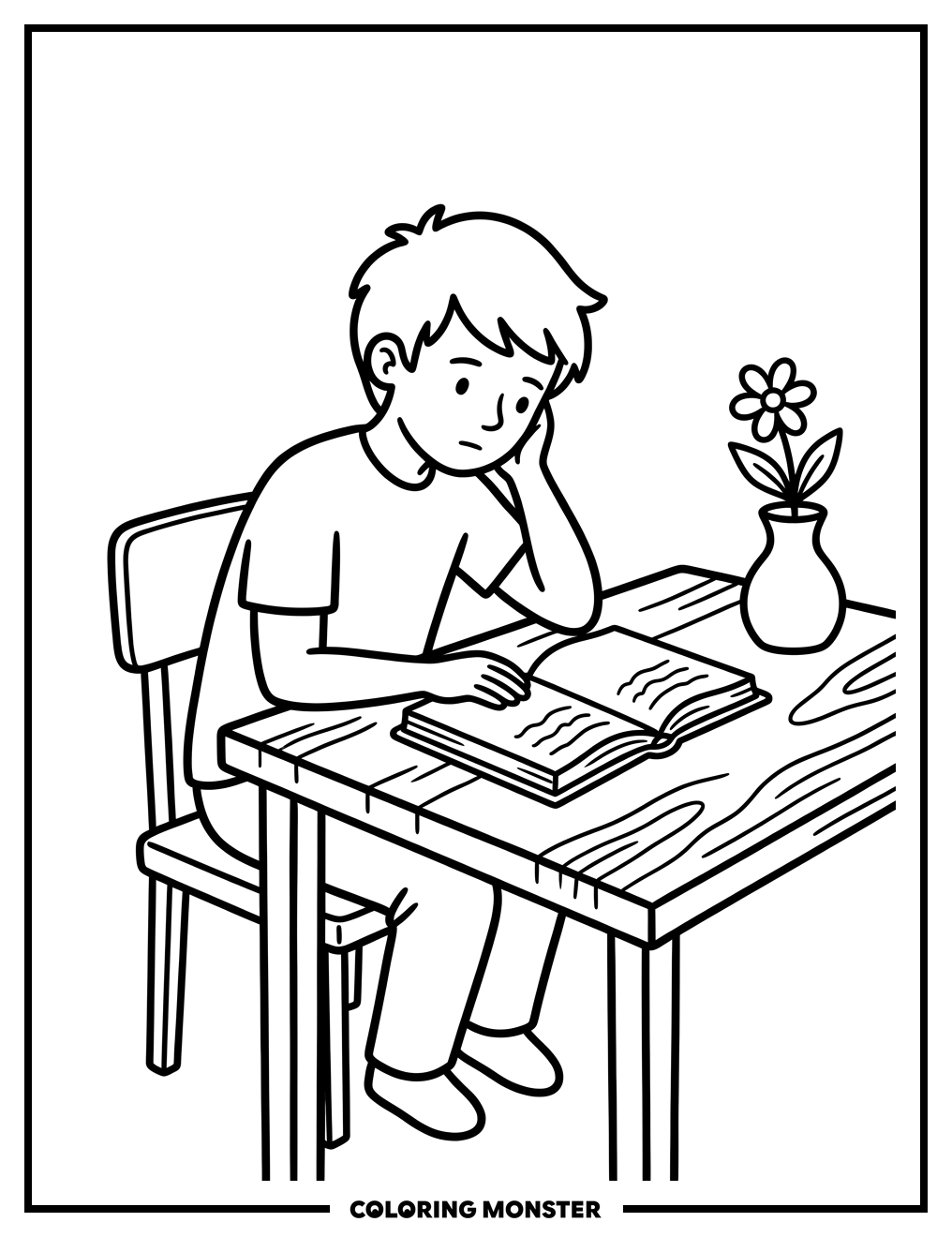 Boy Reading at Table Coloring Page