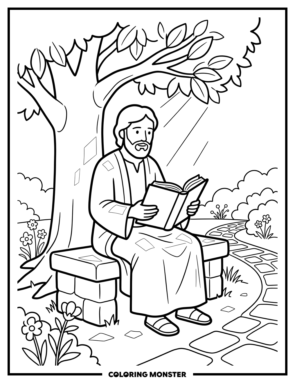 Boy Reading Bible in Garden Coloring Page