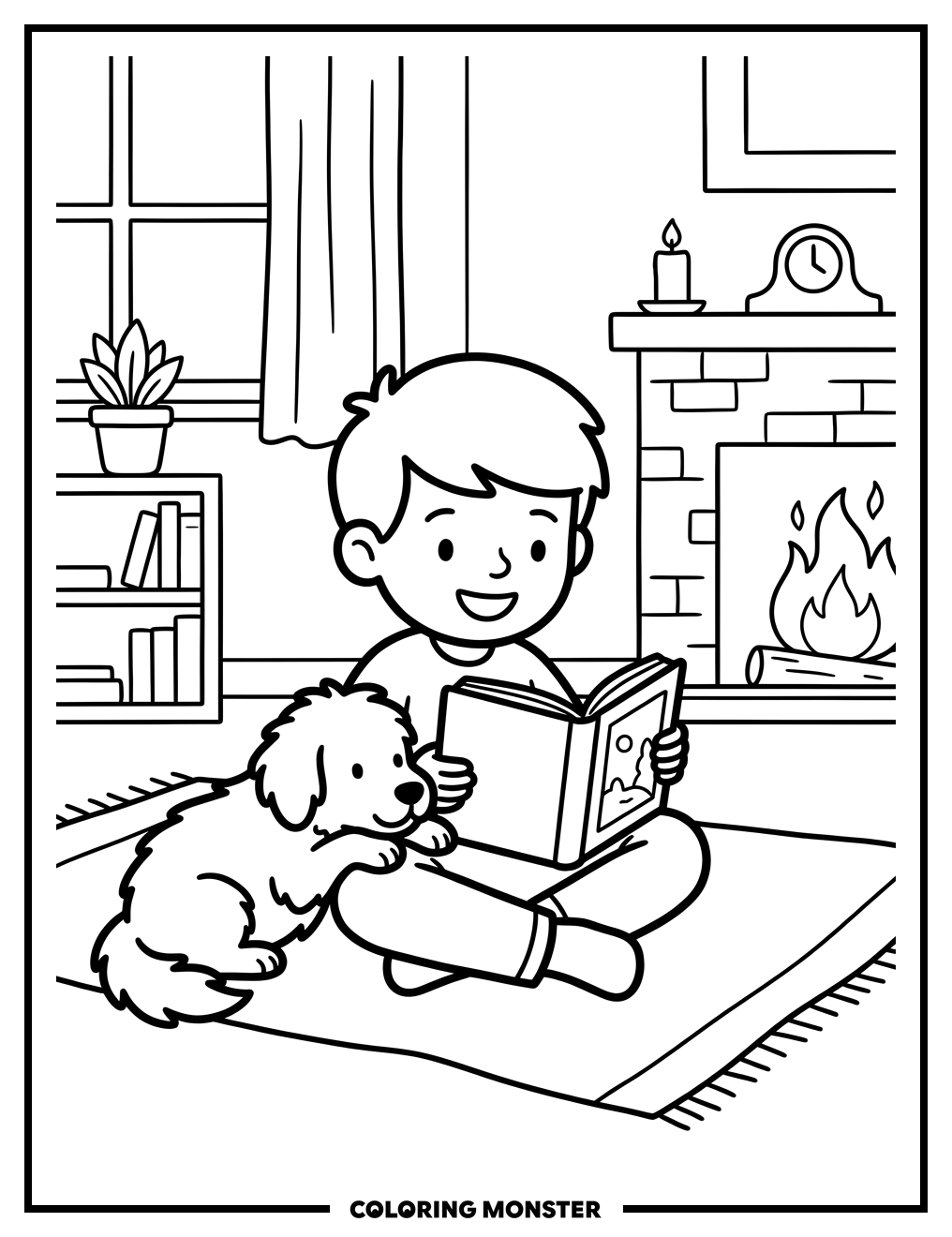 Boy Reading With Dog Coloring Page