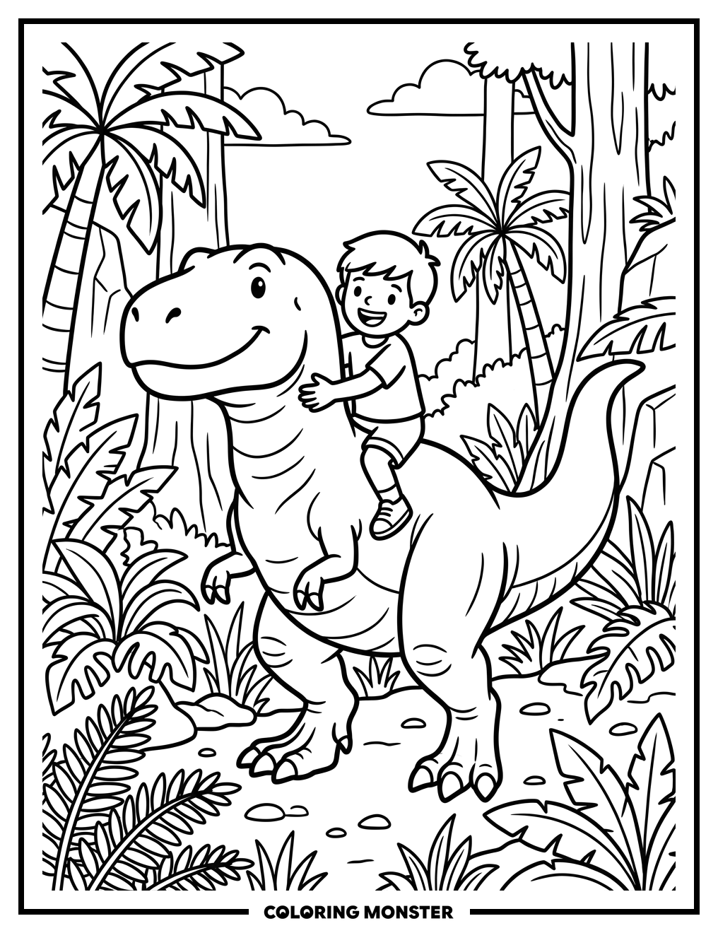 Boy Rides Friendly T-Rex Coloring Page