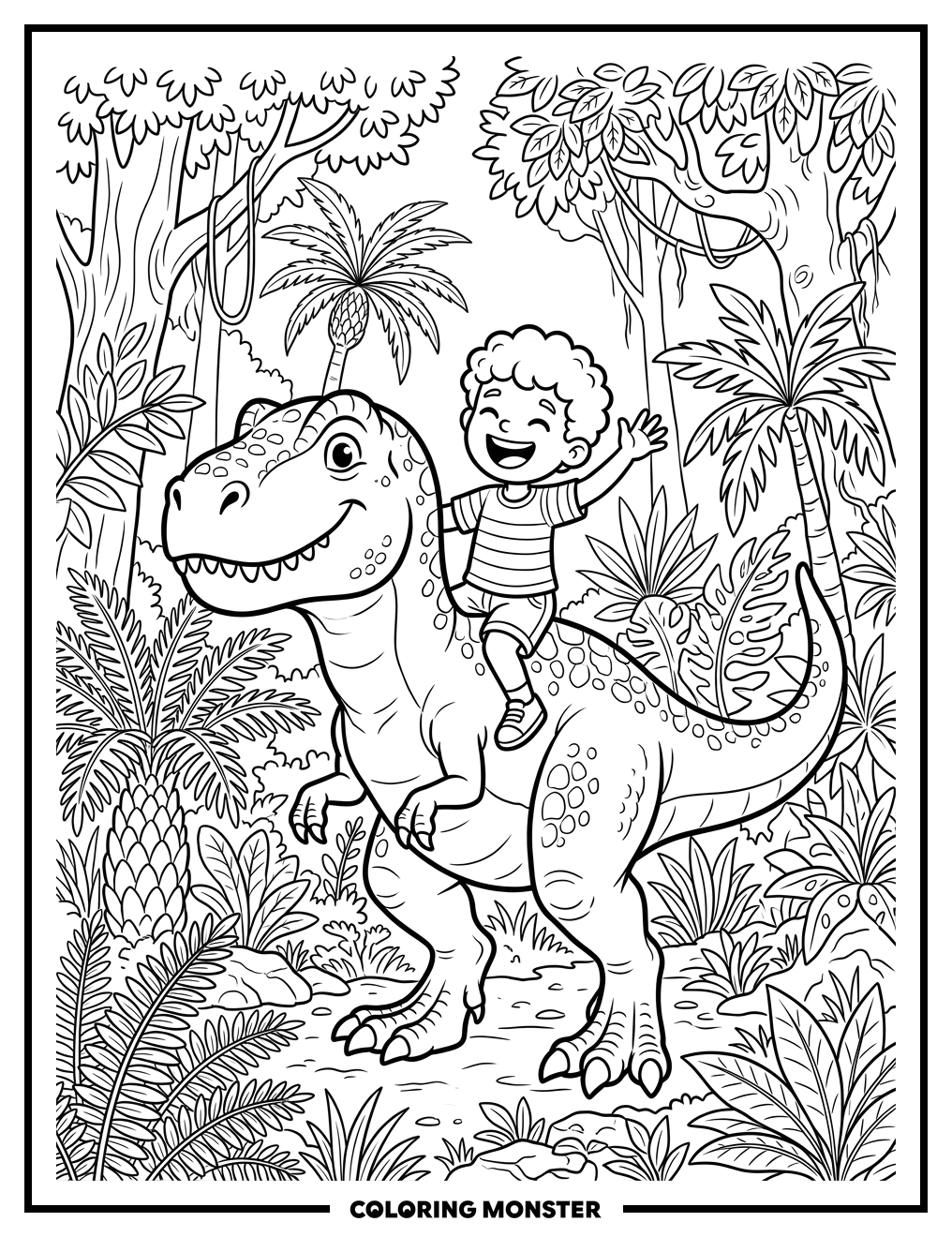 Boy Riding A Dinosaur Coloring Page