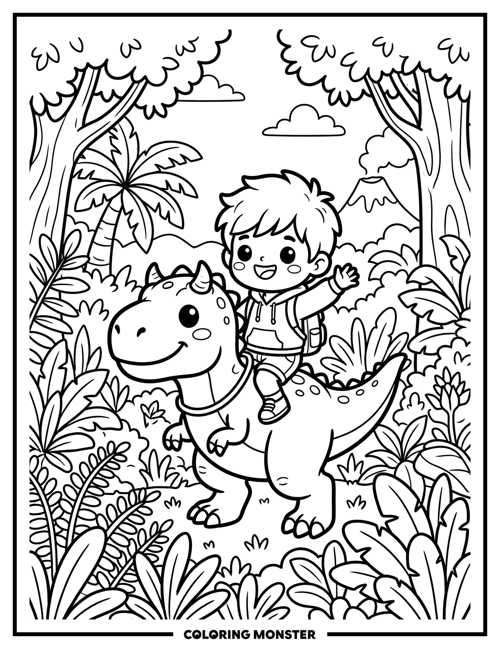 Boy Riding a T-Rex Coloring Page