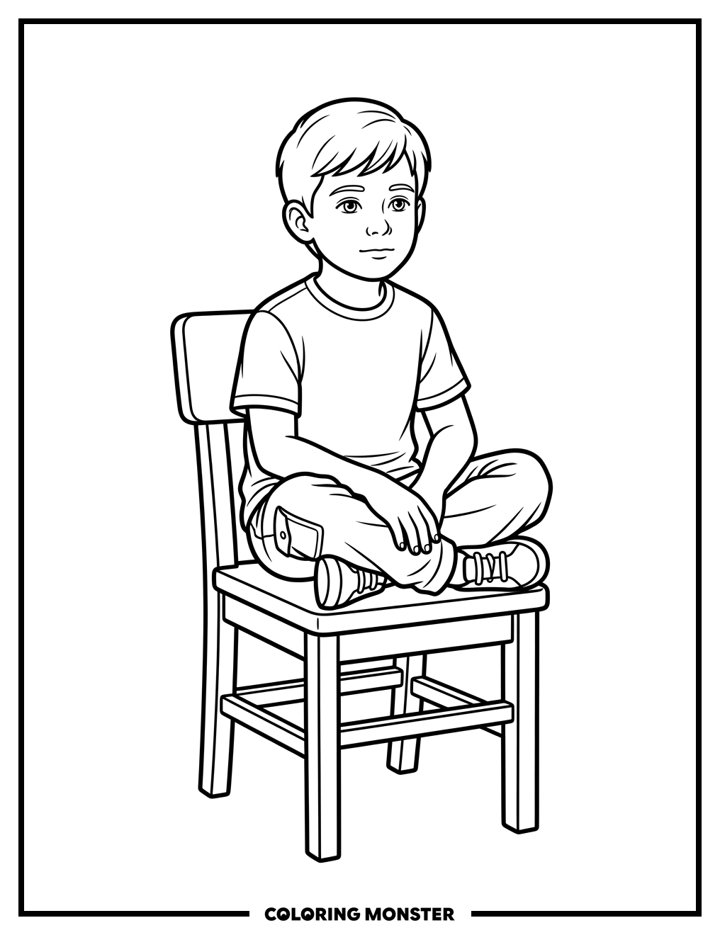 Boy Sitting Thoughtfully on Chair Coloring Page