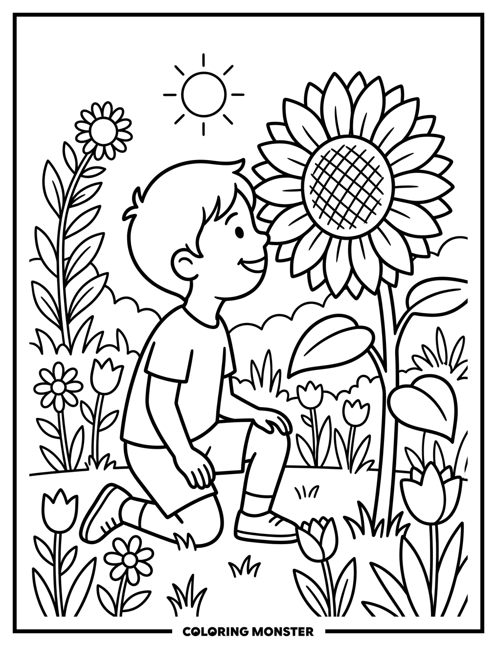 Boy Smells Giant Sunflower Coloring Page
