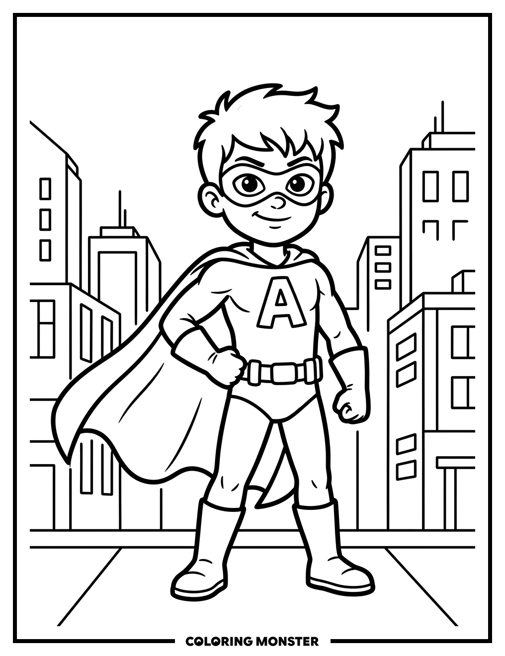 Boy Superhero in City Coloring Page