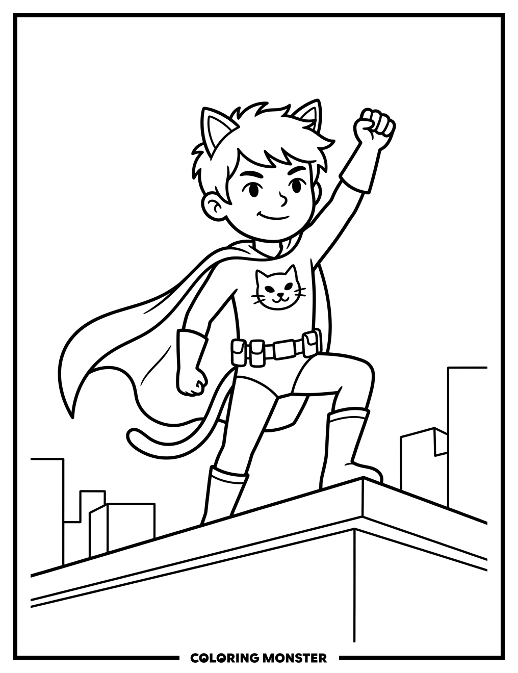 Boy Superhero with Cat Ears Coloring Page