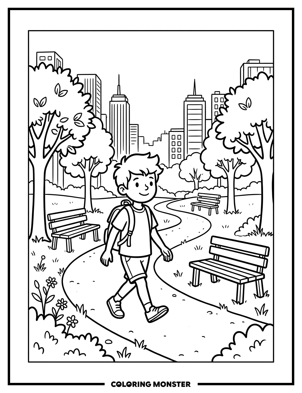 Boy Walking in City Park Coloring Page