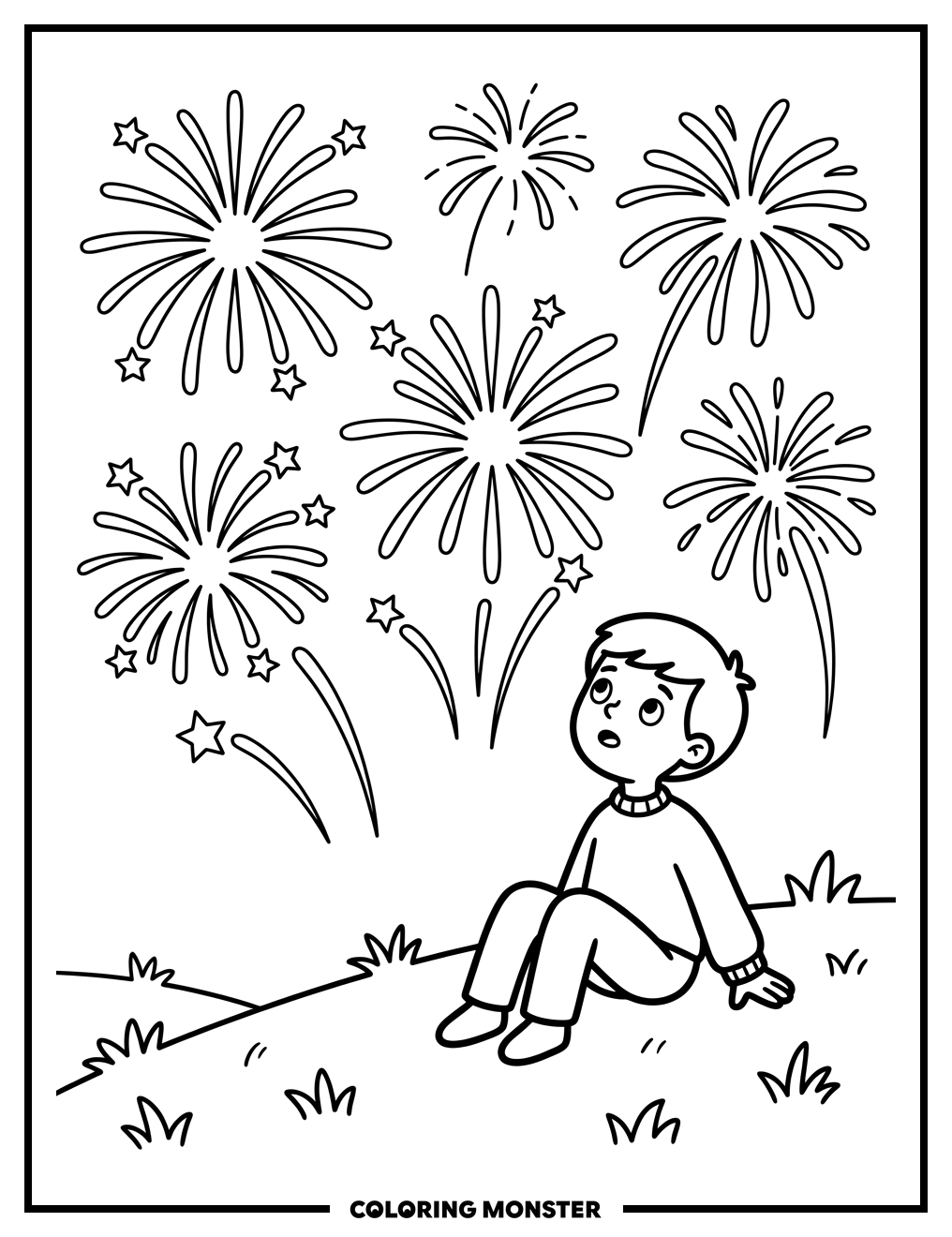 Boy Watches Fireworks Coloring Page