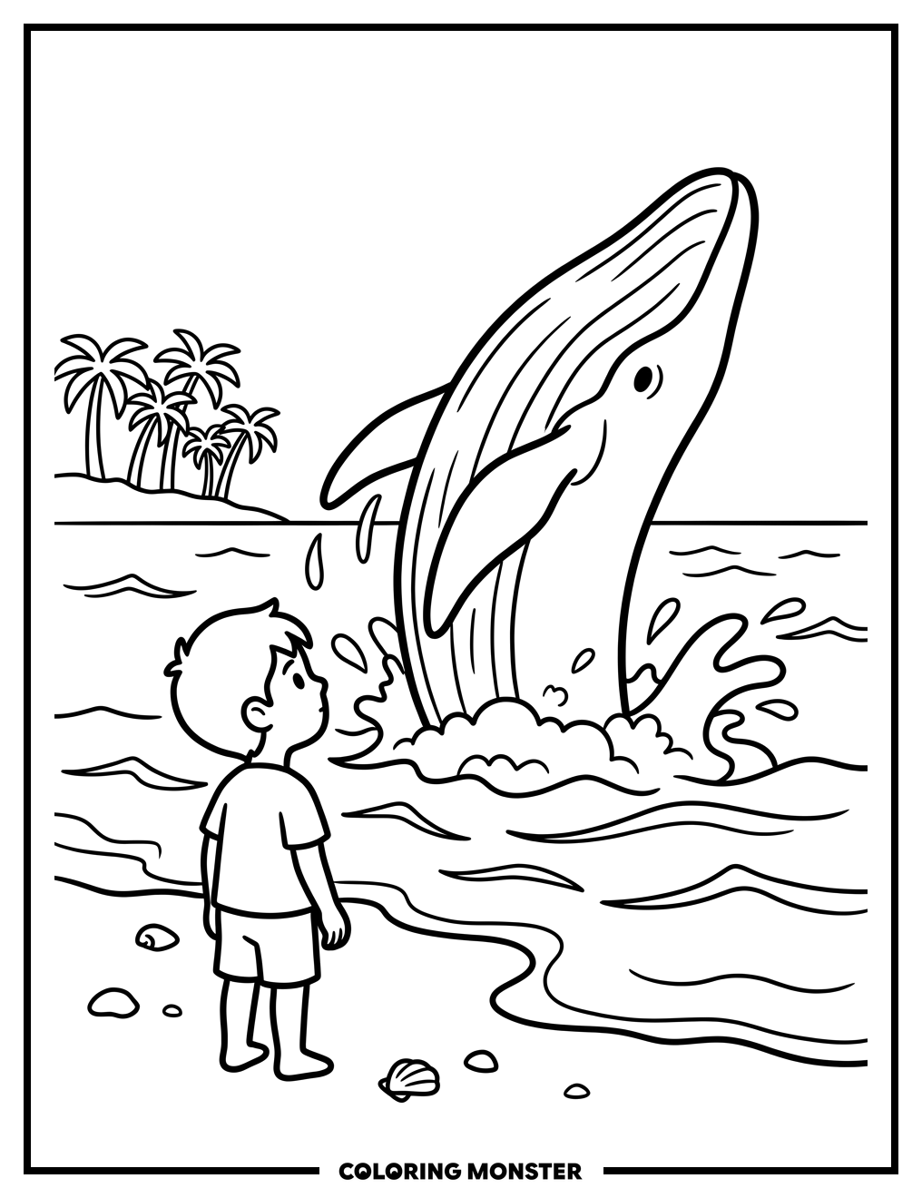Boy Watches Whale Breach On Beach Coloring Page
