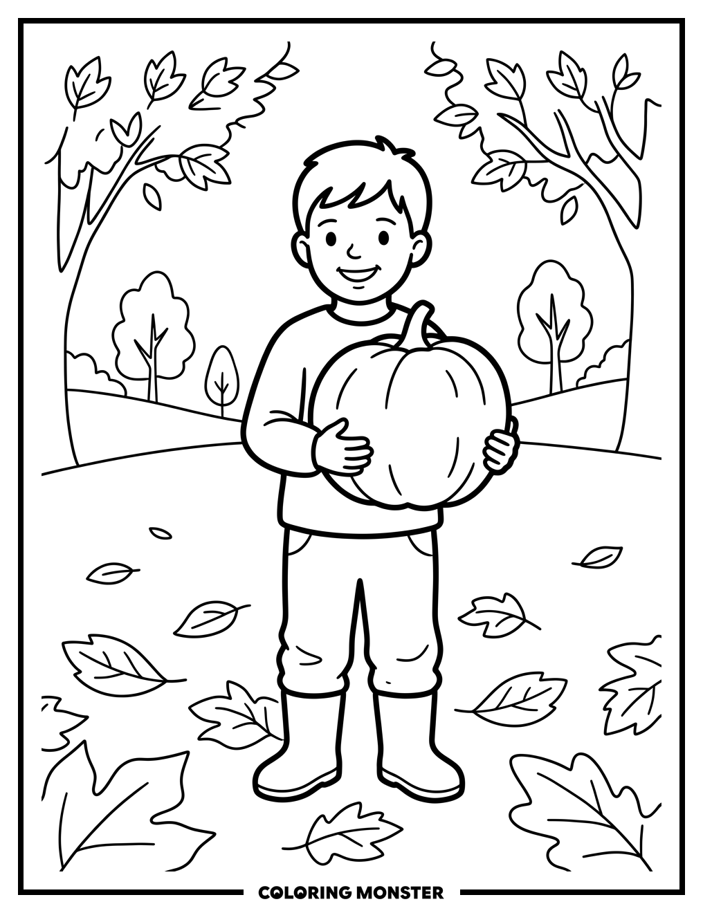 Boy With Autumn Pumpkin Coloring Page