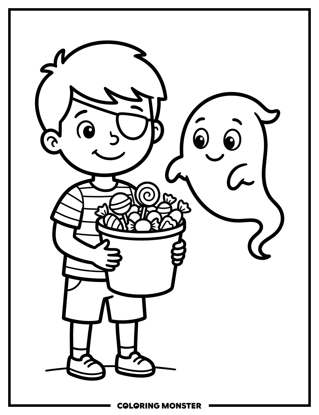 Boy With Candy Bucket and Ghost Coloring Page