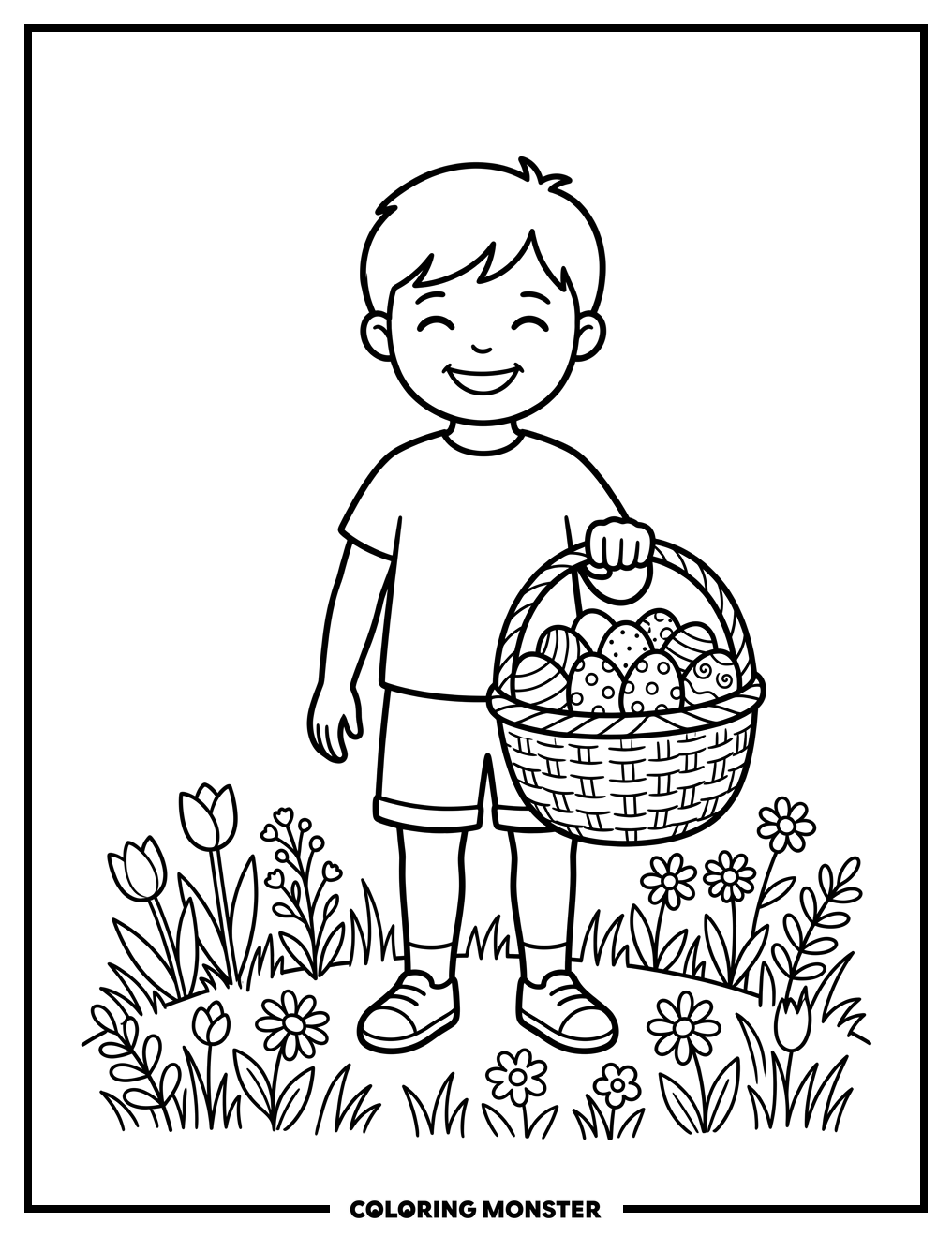 Boy with Easter Basket Full of Eggs Coloring Page